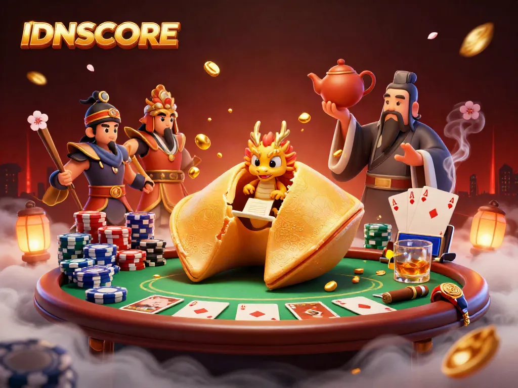 Experience IDNSCORE with a detailed scene of a golden fortune cookie, poker chips, and dynamic casino elements.