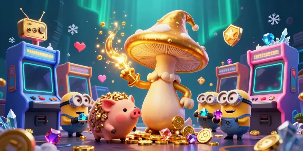 Engage with radio-themed casino magic featuring a golden mushroom wizard and vibrant game elements.
