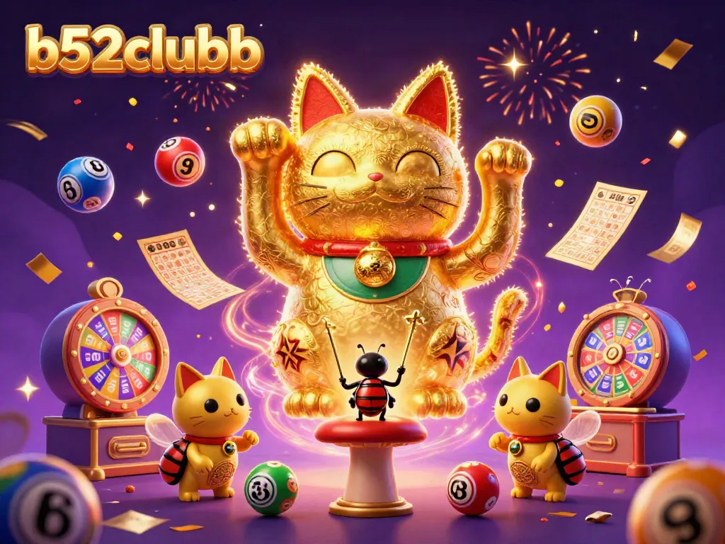 b52clubb showcases a dynamic scene with a lucky cat and conductor beetle amidst casino symbols and colorful lottery balls