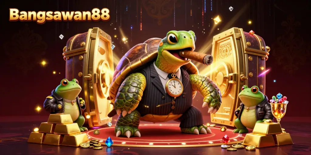 Experience the thrill at Bangsawan88 with a dynamic casino scene showing a turtle mobster flanked by bullfrog enforcers.