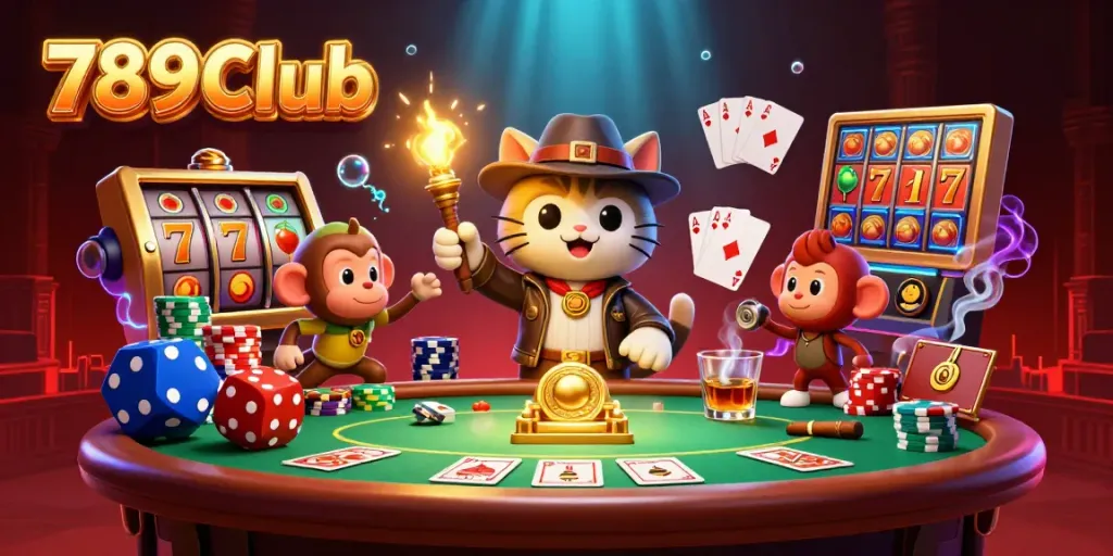 Explore exhilarating gaming adventures at 789Club with a dynamic scene of characters and casino elements.