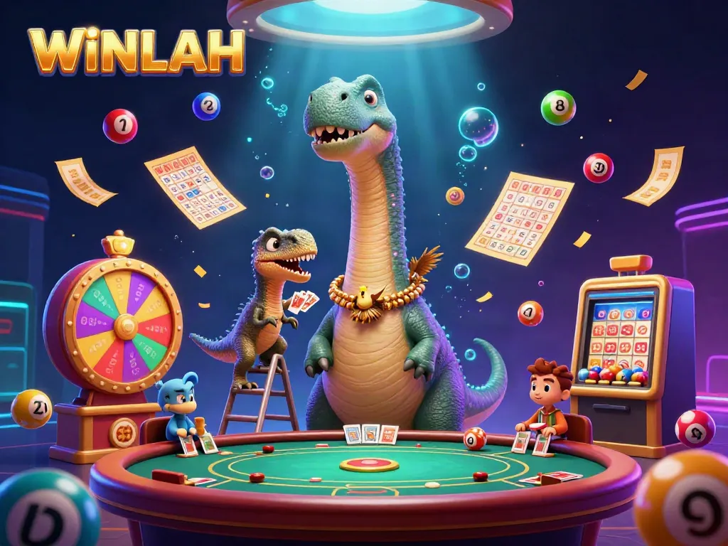Experience the thrill of WINLAH as a dinosaur-themed casino scene brings vivid gambling elements to life.