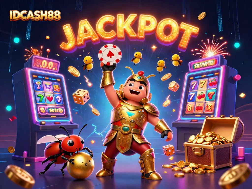 Play and win with IDCASH88, a vibrant casino scene featuring cartoon beetles celebrating the jackpot.