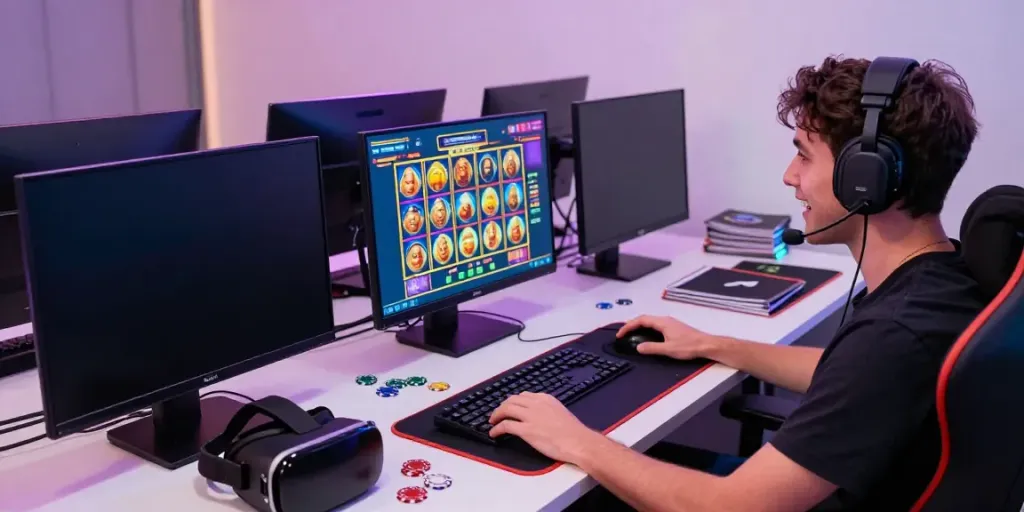 Permainan dewalangit slot yang menarik dengan pemain terlibat di ruang permainan modern.