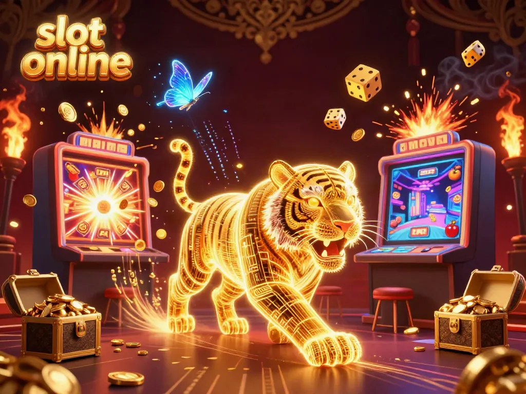 Experience vibrant slot online thrills with a golden tiger in a digital casino, showcasing jackpot excitement.
