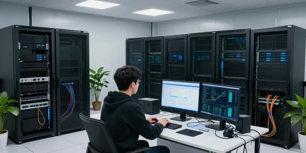 VPS hosting setup illustrating Bitcoin VPS no KYC, featuring server racks and a tech administrator working in a high-tech environment.