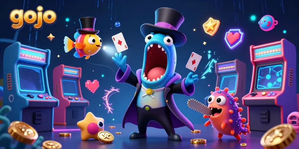 Engaging Gojo-themed illustration showcasing a magical underwater casino experience with vibrant characters and gaming elements.