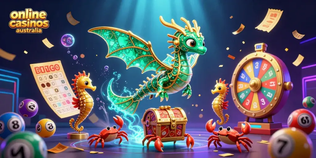 Experience excitement with online casinos australia featuring vibrant game elements and characters in a dynamic scene.
