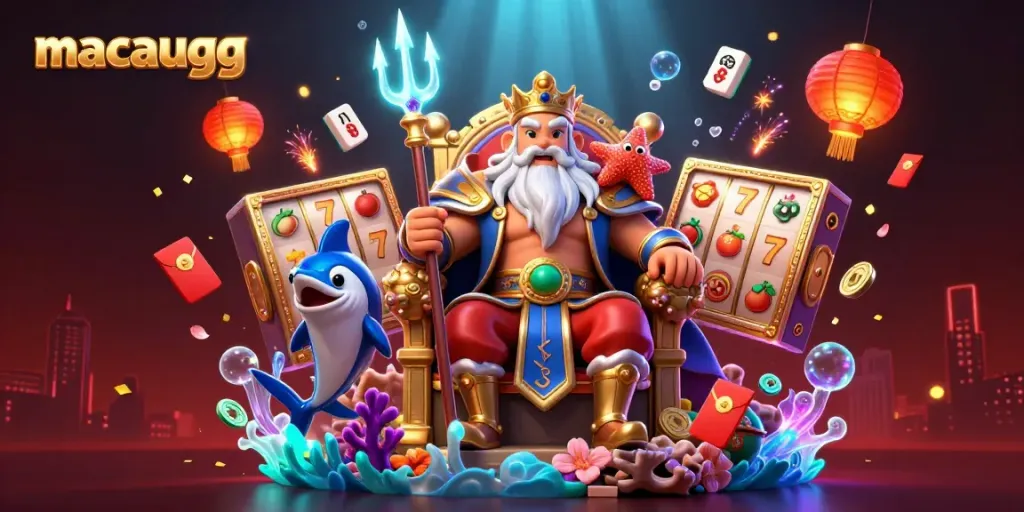 Experience the excitement of macaugg with vibrant 3D casino elements and characters, showcasing slot reels and a festive atmosphere.