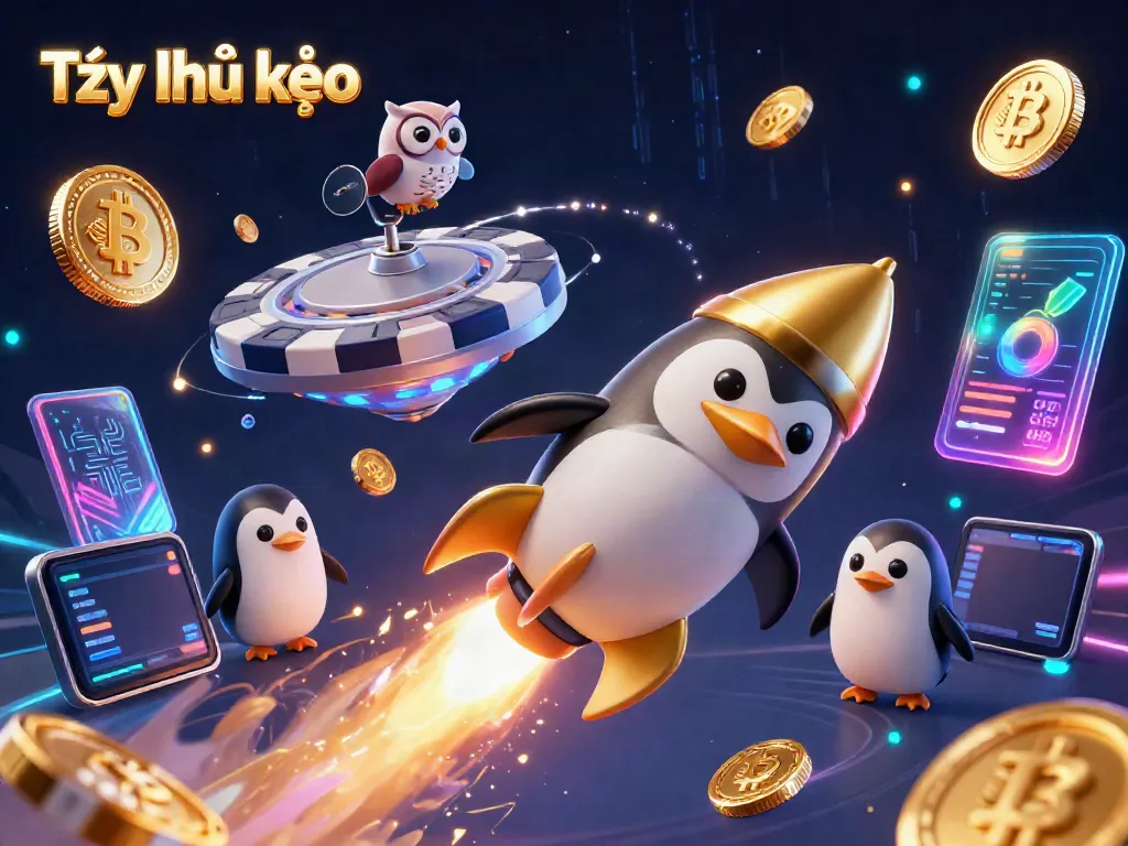 Experience Tỷ lệ kèo with our golden penguin soaring through a vibrant casino-themed galaxy.