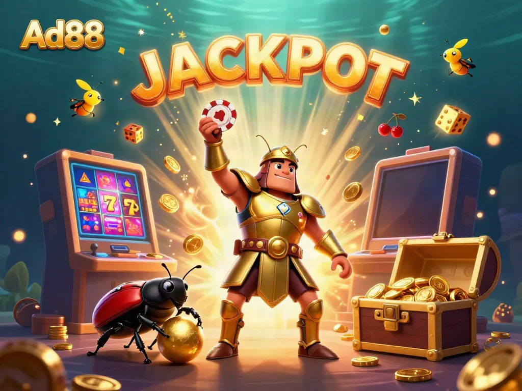 Ad88 showcases a vibrant casino scene with characters celebrating a jackpot, surrounded by iconic gambling symbols and game elements.
