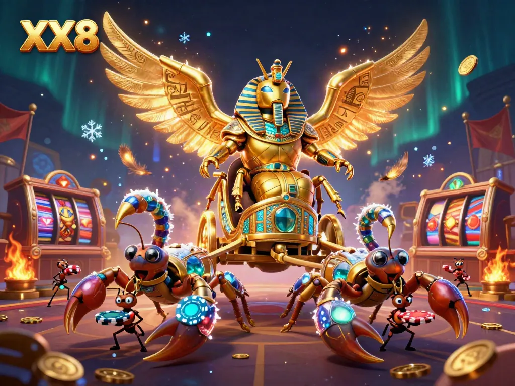 Experience the thrill of XX8 casino games with a golden scarab and scorpions amidst dynamic gambling elements.