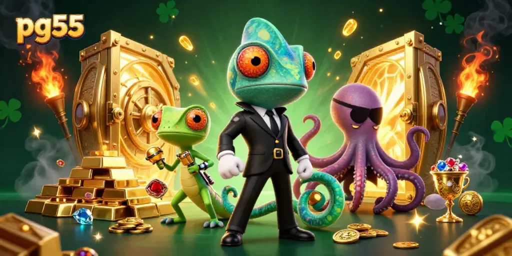 Draw winnings with the pg55 chameleon and friends in a packed casino scene