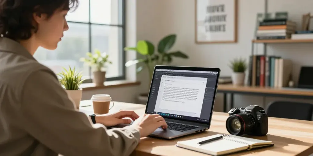 AI assisted writing in a modern workspace with a writer focused on their laptop.