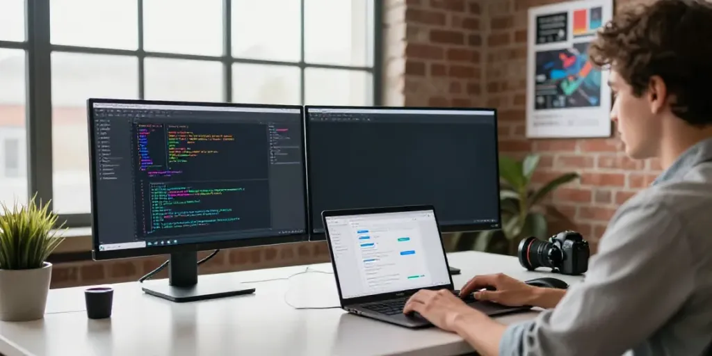 Developer coding at a modern desk in an erigo4d tech workspace.