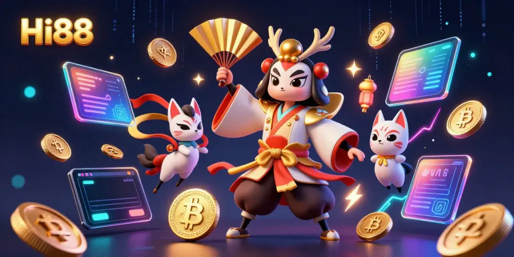 Experience thrilling gaming on Hi88 with vibrant characters and dynamic casino elements in an enchanting illustration.