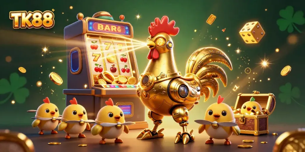 Experience thrilling TK88 casino adventures with a robot rooster and baby chick drones surrounded by vibrant slot game elements.