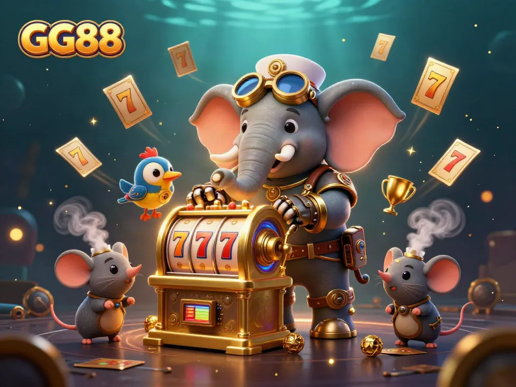 Experience the excitement of GG88 with a 3D steampunk elephant engaging in a colorful casino scene.