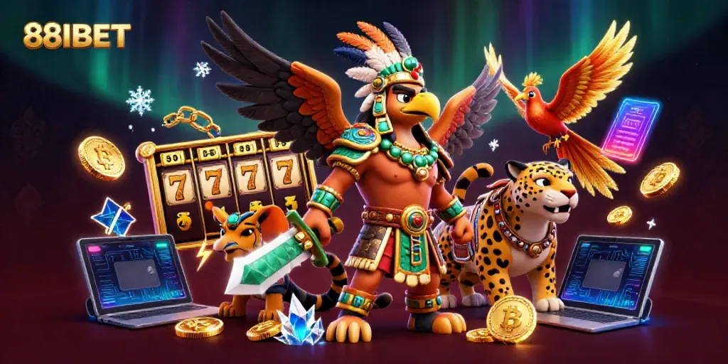 Engage with 88IBET's thrilling slot adventure featuring a dynamic Aztec warrior scene packed with energy.