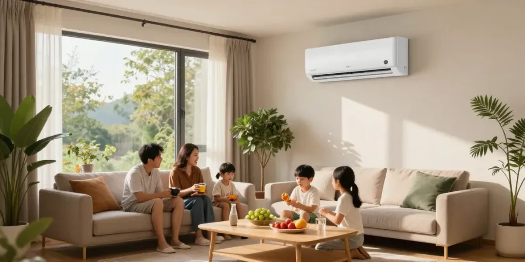 Family enjoying time in a stylish living room with a mini split air conditioning system for comfort.