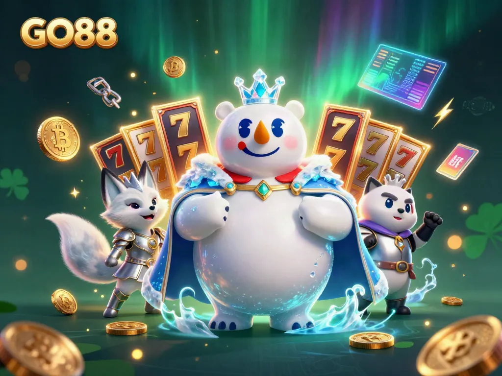 Engage with GO88 in this vibrant 3D casino scene featuring colorful slot elements and crypto coins.
