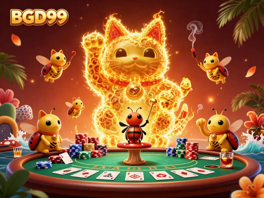 Experience BGD99 with a vibrant lucky cat and dynamic casino elements in a 3D illustration