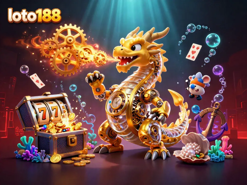 Engage in thrilling slots with loto188, showcased with a golden dragon amid vibrant game elements.