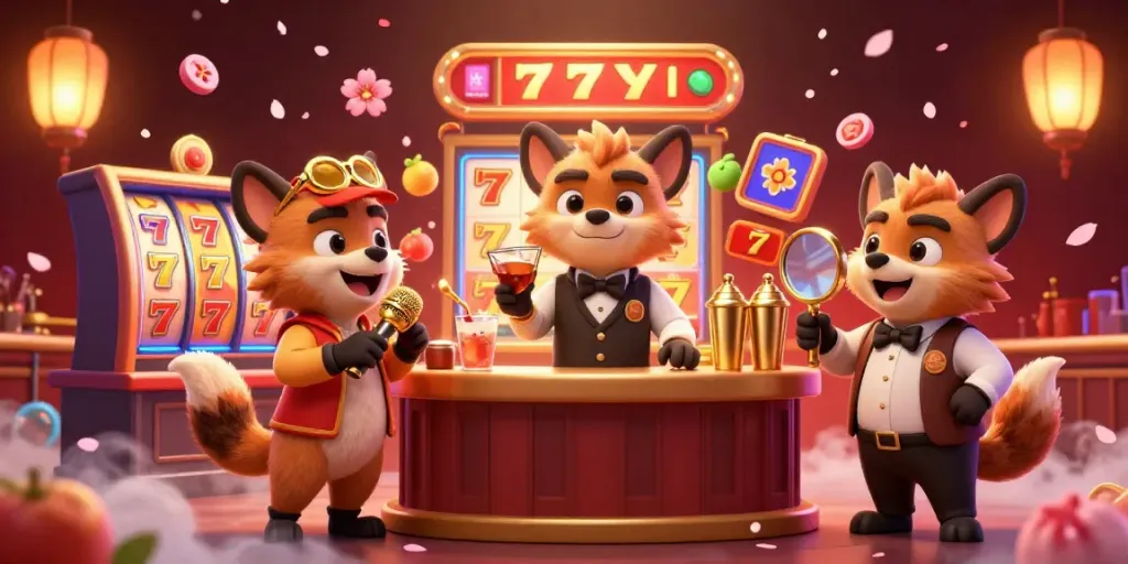 Gim kckslot dengan hyena lucu menghibur di klub kasino dengan slot dan jackpot bersinar.