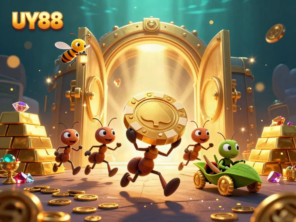 Join the adventure at UY88 as ants heist a giant poker chip with treasure scattered around.
