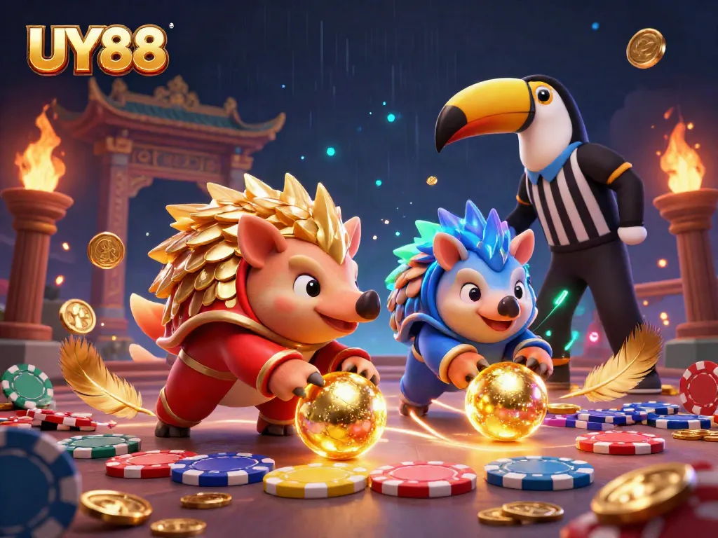 Experience the excitement of UY88 with rival pangolins competing in a vibrant casino scene full of action and detail.