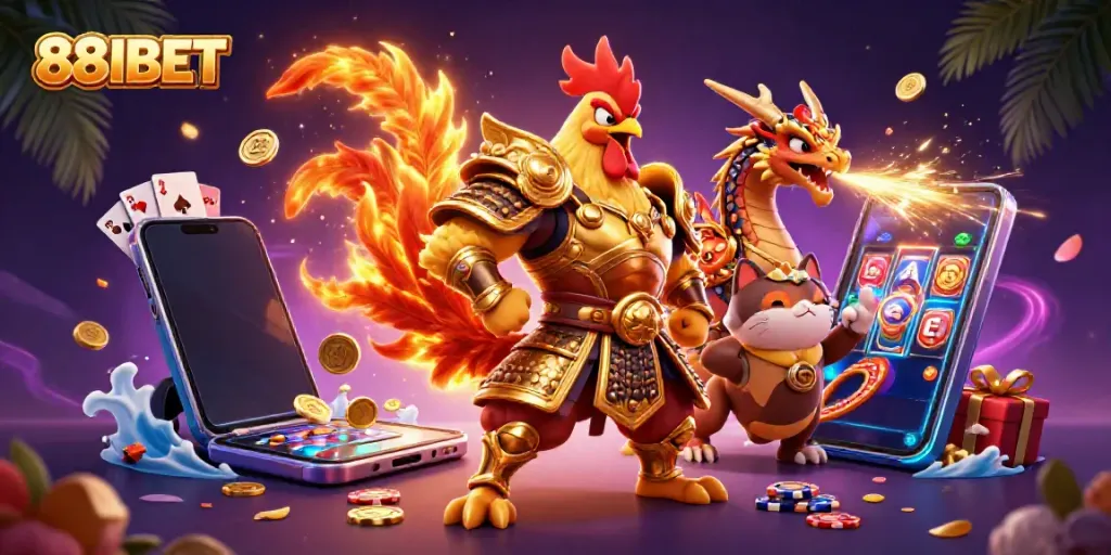 Engage with thrilling 88IBET casino adventures with roosters, dragons, and gaming elements.