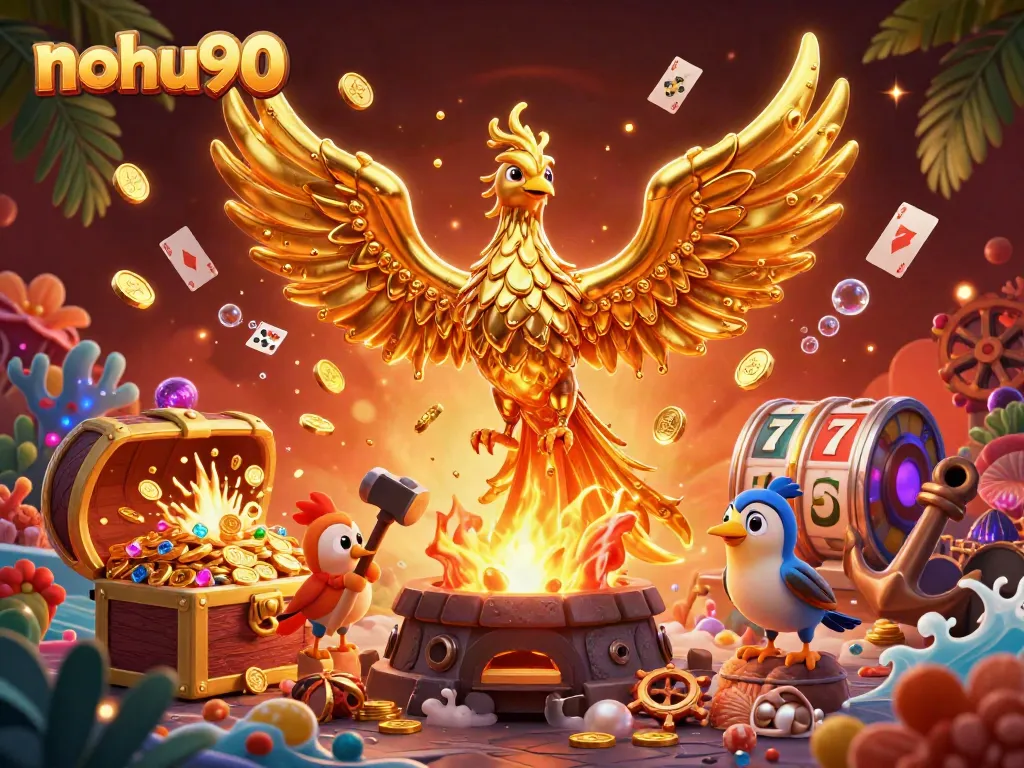Experience the exhilarating world of nohu90 with a golden phoenix and stunning casino elements.