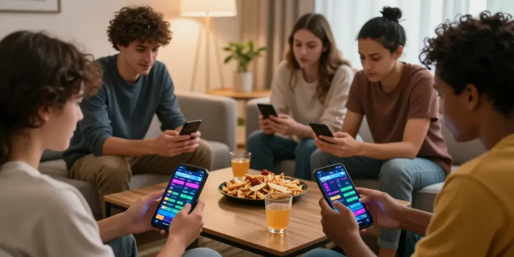 Friends enjoying betting on Totobet in a lively home environment.