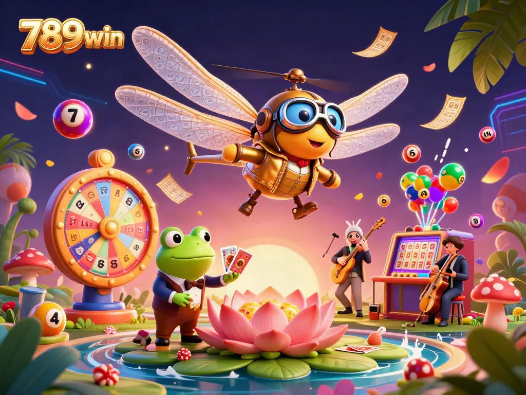 Experience the high-energy world of 789win, featuring a vibrant 3D casino scene with a dragonfly pilot and frog croupier.
