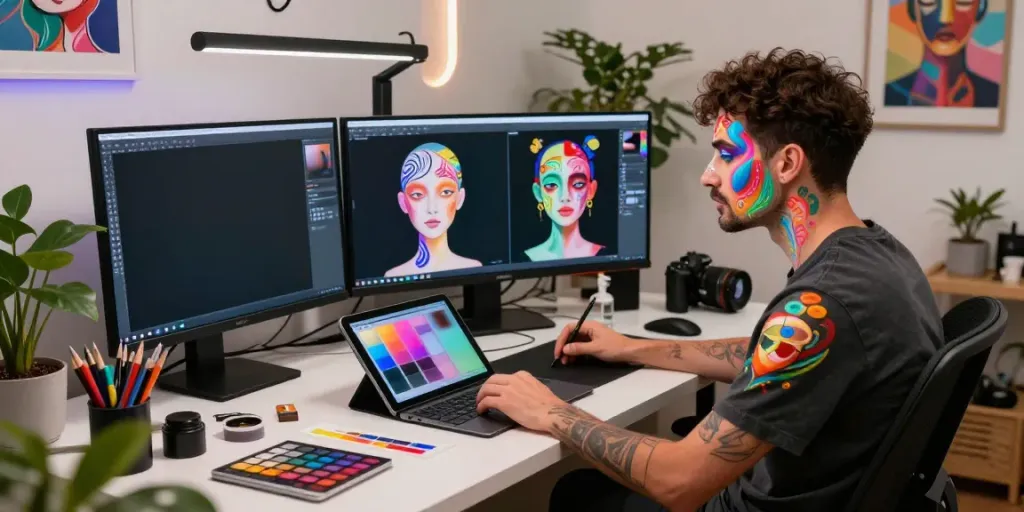 Creative digital artist designing skin toto in vibrant studio.