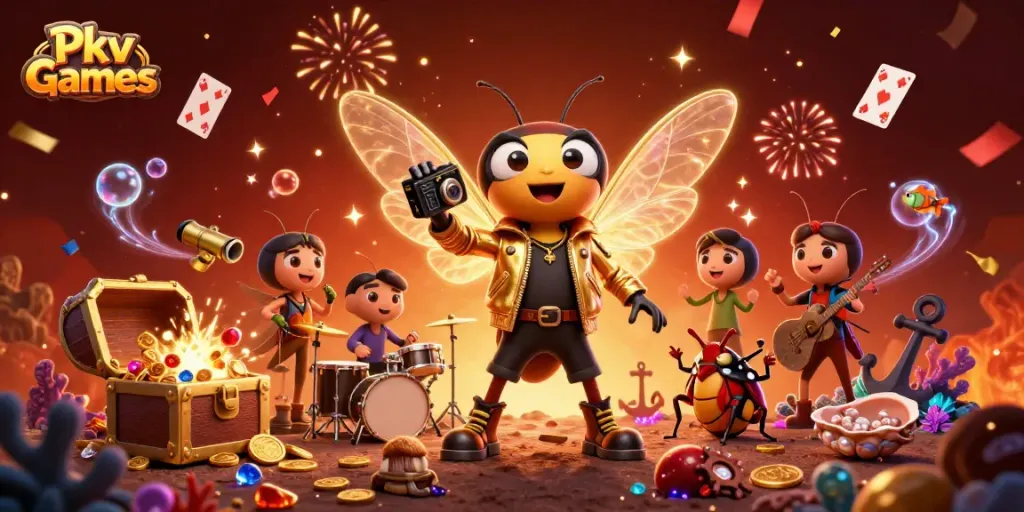 Experience thrilling moments with Pkv Games in a vibrant 3D casino rock star scene.
