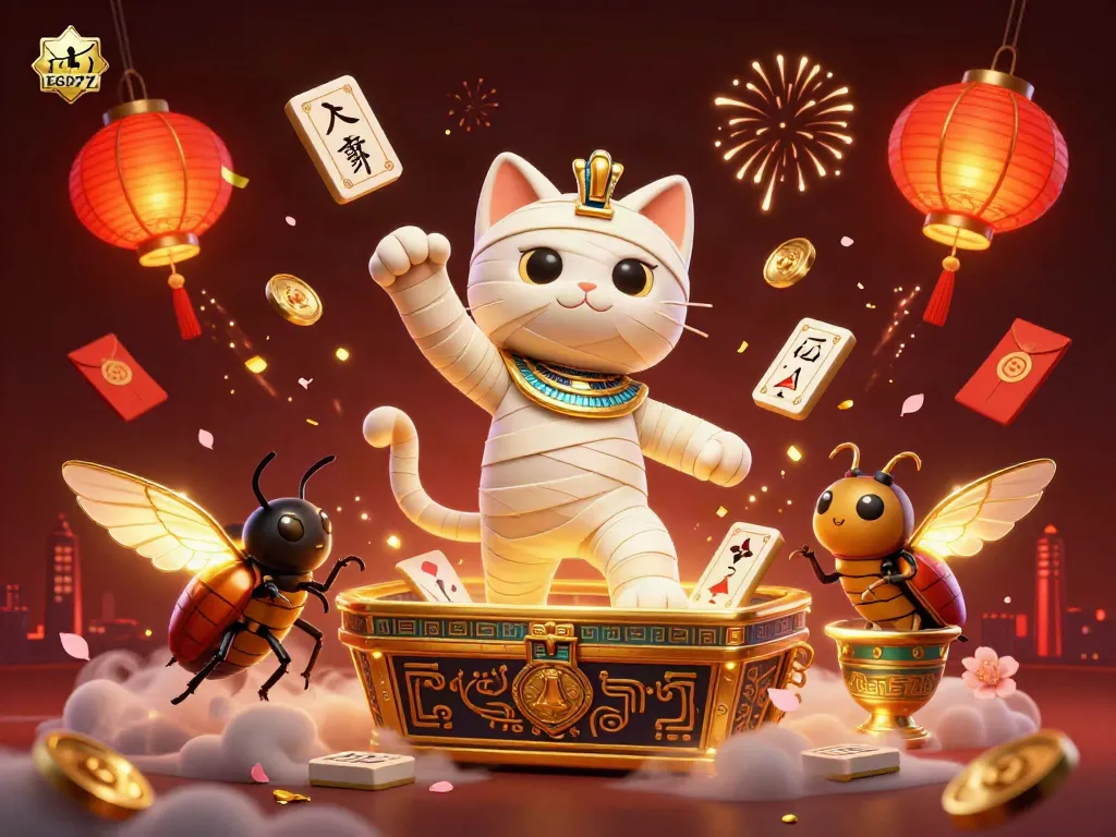 Experience immersive gaming excitement with BGD77 featuring a 3D animated mummy cat in a vibrant casino scene.
