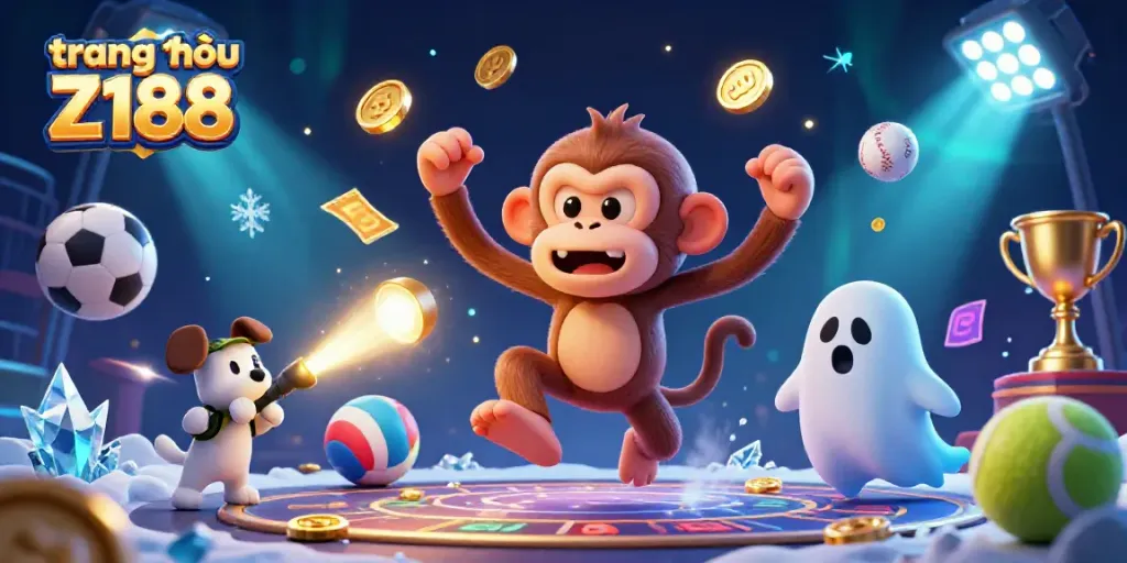 Engage in thrilling gaming at trang chủ Z188, featuring a dynamic scene with a playful poltergeist monkey and a ghost-hunter puppy.