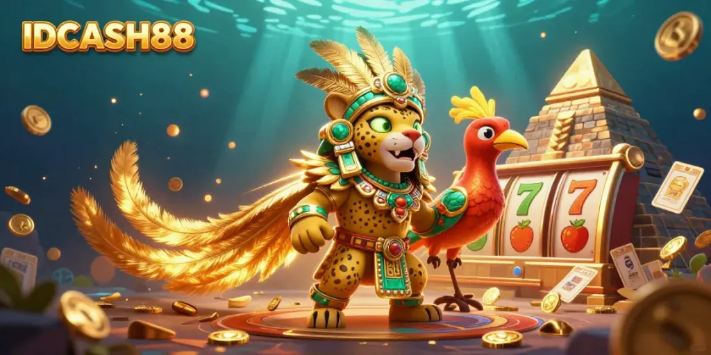 Experience the vibrant world of IDCASH88 with this energetic casino scene featuring slot reels and gold coins.