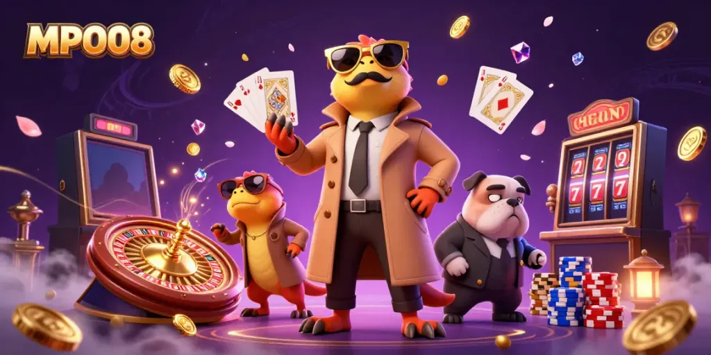 MPO08 showcases three raptors in a trench coat entering a VIP casino lounge amid a flurry of coins and colorful game elements.