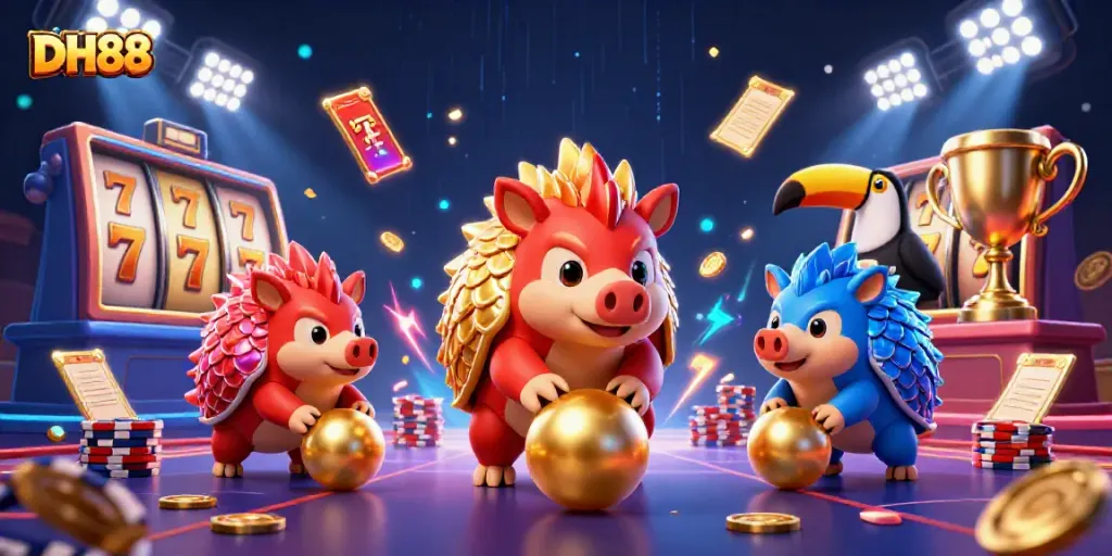 Engage with DH88's vibrant interactive casino games featuring animated pangolins rolling through golden slot machines.