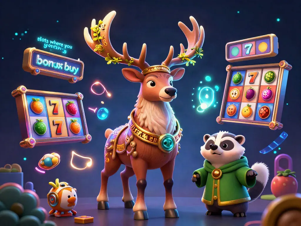 Engage with exciting slots where you can bonus buy, featuring a druid stag and jackpot symbols in a vibrant casino scene.