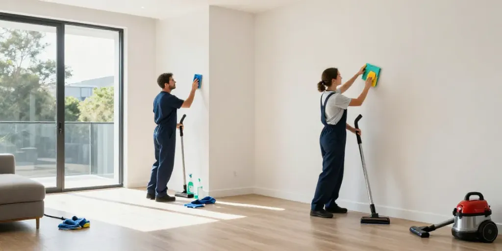 End of lease cleaning Melbourne scene showing a professional cleaner scrubbing baseboards in a bright living room.