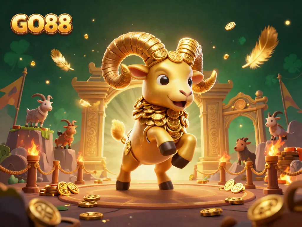 Engage with GO88's vibrant world of online gaming featuring a golden ram symbolizing winning opportunities and excitement.