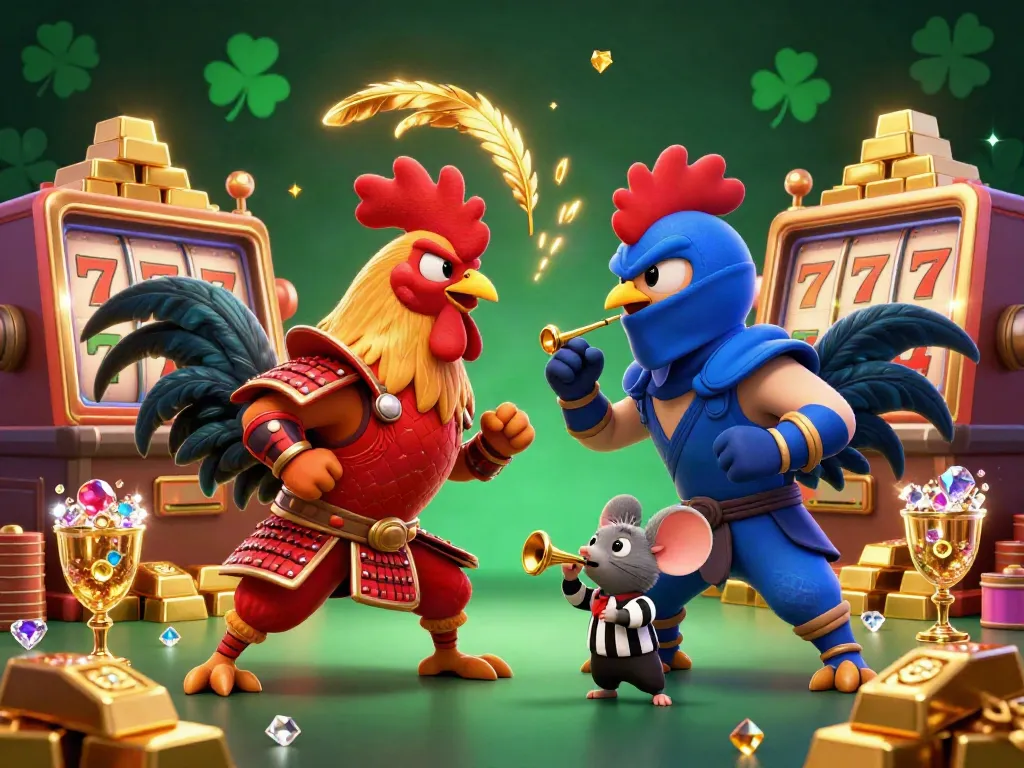 Experience the excitement of MY888 with twin roosters and casino treasures in dynamic action.