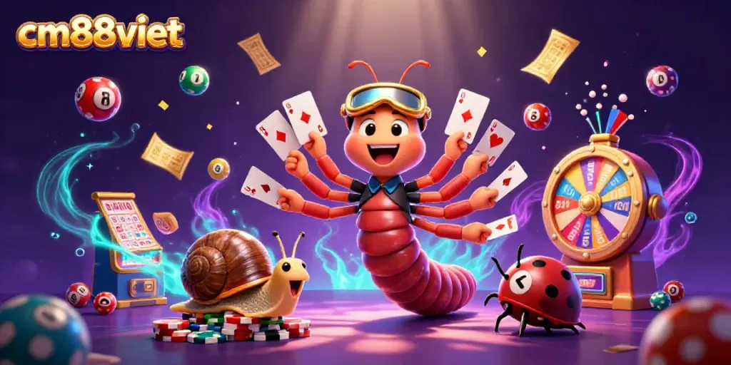Experience excitement at cm88viet with a playful casino scene featuring a millipede dealer and charming characters.
