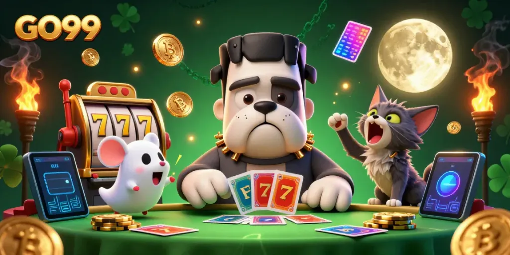 Engaging gameplay at GO99 where a Frankenstein bulldog dealer interacts with players at a spooky casino table.