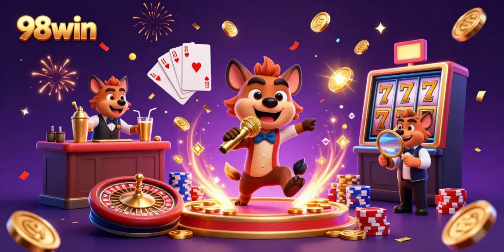 Experience the excitement of 98win with hyenas hosting a vibrant casino club surrounded by winning treasures.