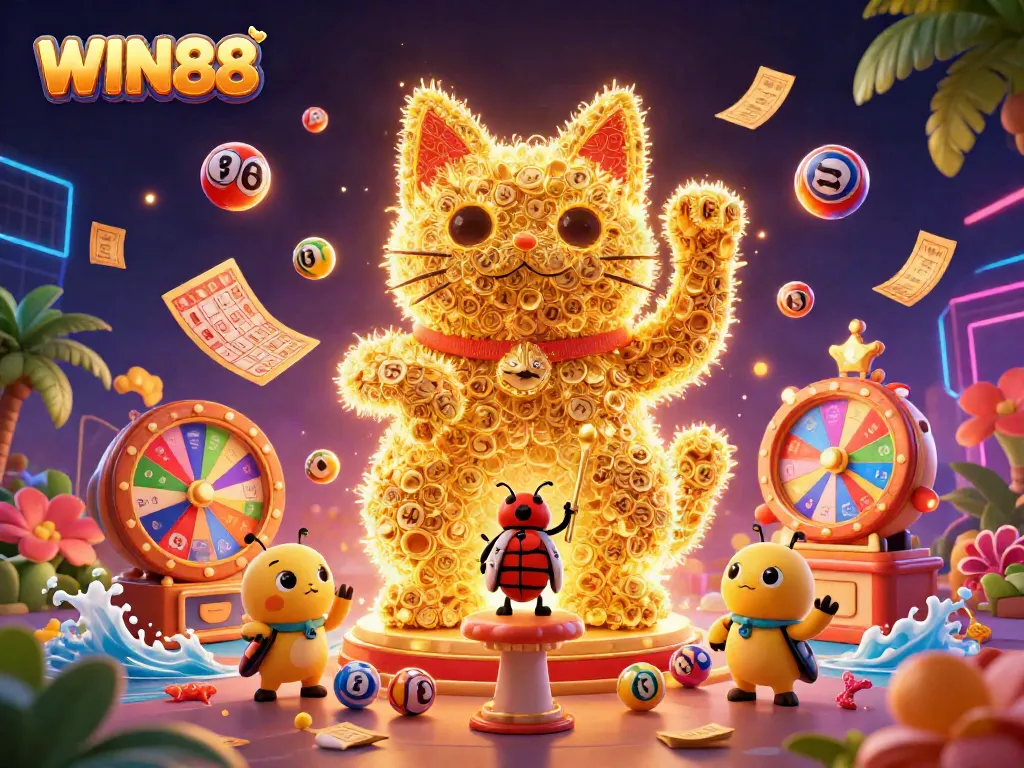 Experience the luck of WIN88 with a dazzling display of colorful casino elements in a captivating scene.