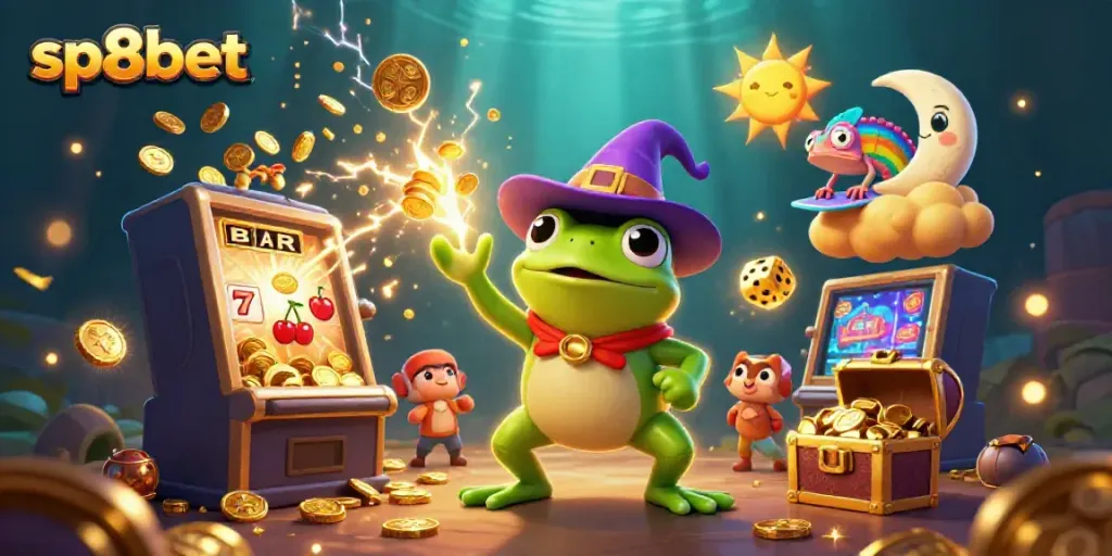 Experience the thrilling sp8bet casino atmosphere with golden coins and characters in action.